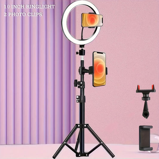 Ring Light 10 Inch with Tripod Stand & 2 Phone Clips – Dimmable LED Selfie Light for TikTok, YouTube, Makeup, Live Streaming, Video Calls, Photography & Home Studio Lighting Kit