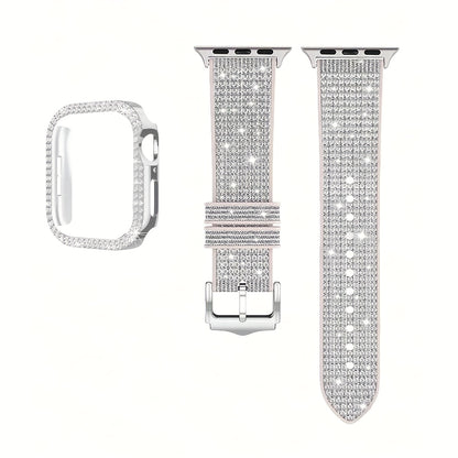 Apple Watch Band with Case Crystal Rhinestone Bling, Chameleon Color-Shift Strap + Shockproof Hard PC Cover, Compatible with Apple Watch Series 1-9 SE Ultra 38mm to 49mm S10 – Rose Gold Black Silver Women