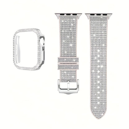 Apple Watch Band with Case Crystal Rhinestone Bling, Chameleon Color-Shift Strap + Shockproof Hard PC Cover, Compatible with Apple Watch Series 1-9 SE Ultra 38mm to 49mm S10 – Rose Gold Black Silver Women