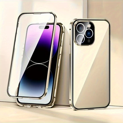 Clear Back Privacy iPhone Case with Metal Frame & Magnetic Double-Sided Tempered Glass – Anti-Peep Anti-Spy Transparent Cover for iPhone 12 13 14 15 16 Pro Max Plus, Wireless Charging Compatible