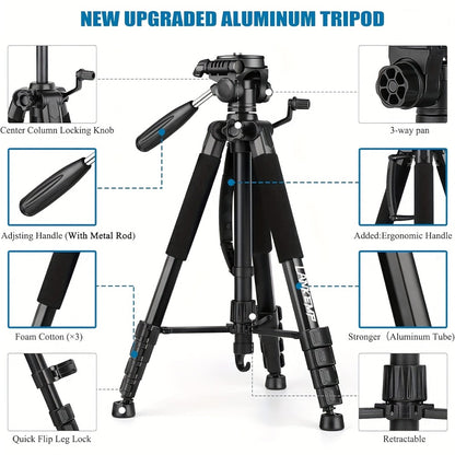 ALEiMON 74-Inch Tripod with Dual Quick Release Plate – Heavy-Duty Aluminum Alloy Camera Stand with Phone Clip & Carry Bag for DSLR, Mirrorless, Projector, Spotting Scope & Webcam