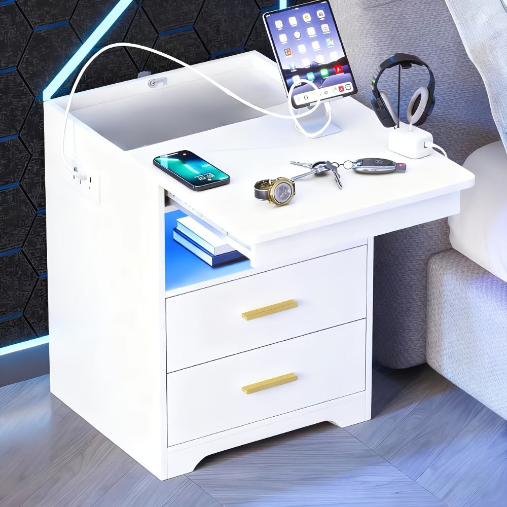 LED Nightstand with Charging Station & Hidden Drawer – 16-Color RGB Ambient Light, Open Storage Shelf, Modern Bedside Table for Bedroom Teen Guest Room Small Space, Black or White