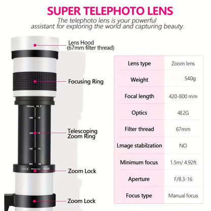 420-800mm F8.3-16 Telephoto Zoom Lens Manual Focus with T-Mount Adapter for Canon Nikon Sony Moon Wildlife Bird Photography Full Frame