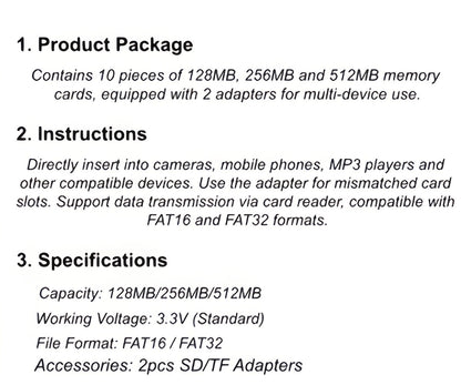 10-Pack TF Micro SD Cards 128MB 256MB 512MB with 2 SD Adapters – High-Speed Flash Memory Cards for Dash Cameras, Tablets, Smartphones, Cameras & IoT Devices, Bulk Memory Card Set
