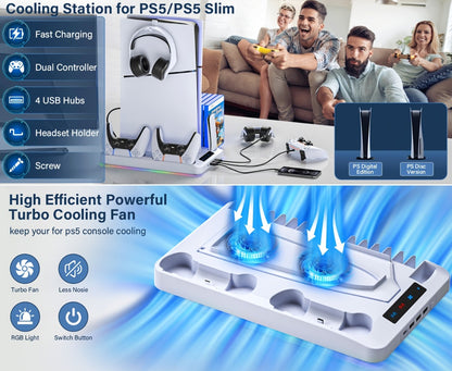 PS5 Cooling Stand with 16 Game Slots & LED Light, Dual Controller Charging Station with Headset & Remote Holders for PS5 & PS5 Slim (Disc & Digital) – Not Compatible with PS5 Pro