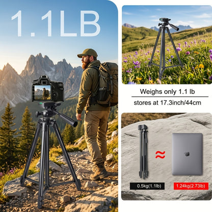 50-Inch Aluminum Travel Tripod with Phone Clip & Carrying Bag – Quick Release Plate, Universal Camera Stand for DSLR, Smartphone & Action Camera, Vlogging, Live Streaming & Outdoor Photography