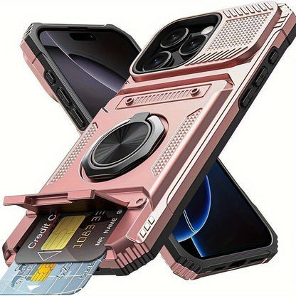 iPhone Card Slot Shockproof Case with Ring Holder & Kickstand – Wallet Phone Cover for iPhone 17 17 Air 17 Pro Max 16 15 14 13 12 11 Pro Max Plus Mini | Heavy Duty Drop Protection