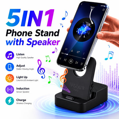 Magnetic Wireless Speaker Stand with Emergency Charging – 360° Adjustable Foldable Phone Holder, Portable Bluetooth Speaker, Compatible with iPhone & Android, for Home, Travel & Office