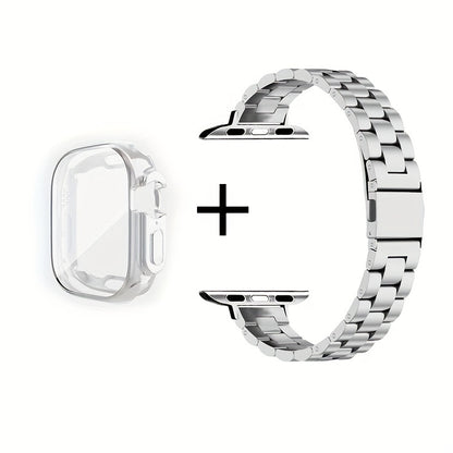 Slim Waist Apple Watch Steel Band & Half Shell Case 3-Piece Set – 2 Stainless Steel Bands + Protective Case Compatible with Apple Watch Series 1–9 SE Ultra 38 40 41 42 44 45 49mm – Gold Silver Rose Black