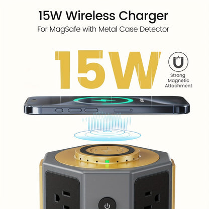 Wireless Charging Tower Power Strip 18-in-1 Surge Protector - 12 AC Outlets, 6 USB Ports (2 USB-C), 1050 Joules, 5ft Retractable Cord, Gold Desktop Charging Tower for Home Office Dorm