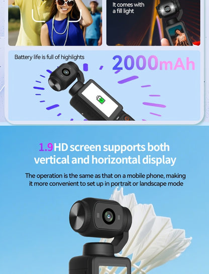 W&O Pocket Camera with Webcam Function | 1.9" Screen, 180° Rotating Shot, 2000mAh Battery, USB-C Charging, 32G Card, Outdoor Sports Cam for Cycling, Travel & Personal Use – Birthday & Christmas Gift