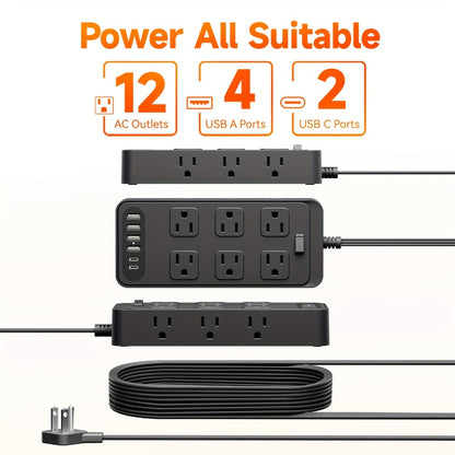 Flat Plug Power Strip 18-in-1 Fire-Resistant Surge Protector with 12 AC Outlets & 6 USB Ports (4 USB-A & 2 USB-C), 5ft Extension Cord, Charging Station for Home, Office & Travel