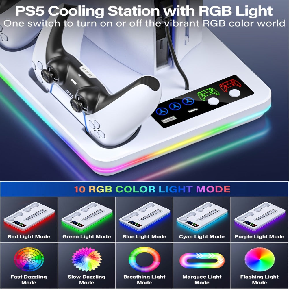 PS5 Cooling Stand with Dual Controller Charging Dock – Compatible with PS5/Slim/Pro Standard & Digital Edition, 3-Speed Fan, 10 RGB Lights & USB Hub, PlayStation 5 Gaming Accessories