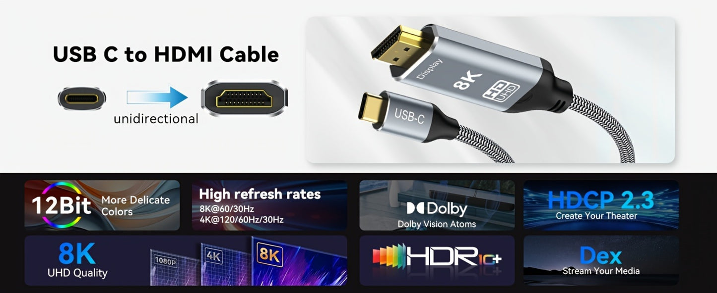 USB-C to HDMI 2.1 Cable 8K@60Hz 4K@144Hz, Aluminum Braided Thunderbolt 4/3 Compatible, 48Gbps HDCP 2.3 HDR, Type-C to HDMI Cord for MacBook Laptop Tablet Samsung Galaxy S24 to TV Monitor