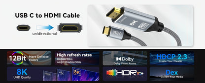USB-C to HDMI 2.1 Cable 8K@60Hz 4K@144Hz, Aluminum Braided Thunderbolt 4/3 Compatible, 48Gbps HDCP 2.3 HDR, Type-C to HDMI Cord for MacBook Laptop Tablet Samsung Galaxy S24 to TV Monitor