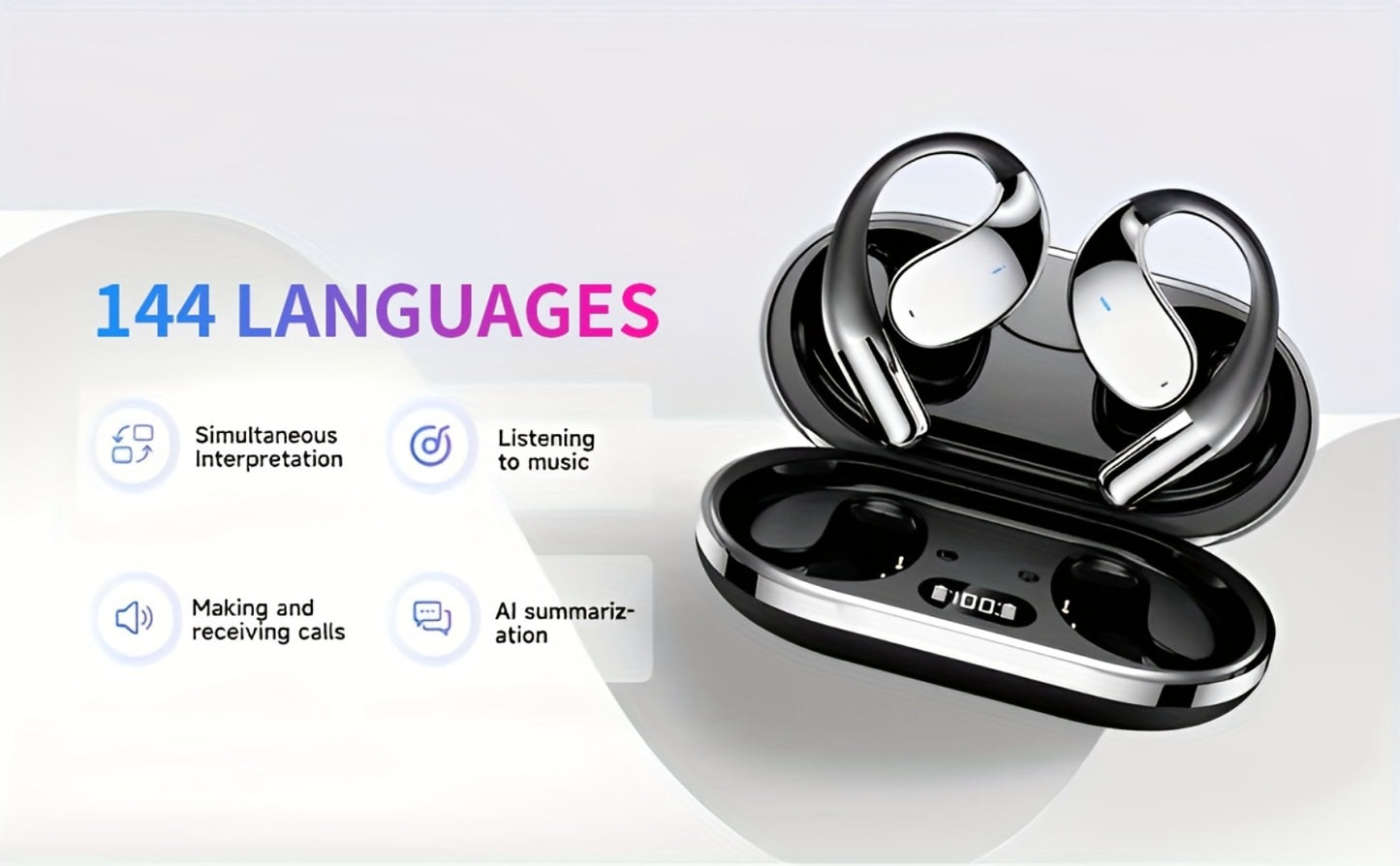 6-Mic AI Translation Bone Conduction Headset 144 Languages, Real-Time Translator Wireless Headphones, Meeting Notes Recording, Intelligent Noise Cancellation, Touch Control, Deep Bass, Open-Ear for Running Sport Business