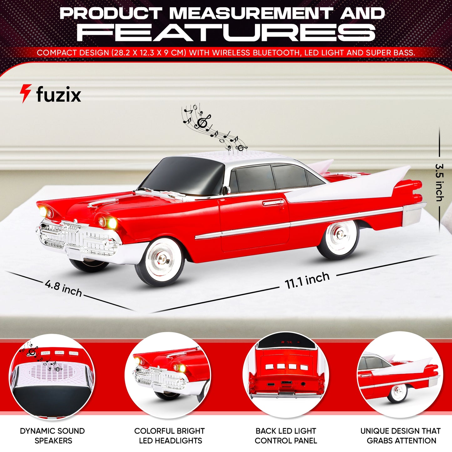 Retro Car Bluetooth Speaker with LED Headlights & Taillights, Fuzix WS-1965 Wireless Portable Stereo Speaker, AUX/USB/TF/FM Radio, Built-in Mic, Rechargeable Battery, Gift for Car Enthusiasts