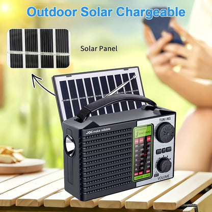 Emergency Solar Hand Crank Radio 5-in-1 with Dual Speaker, FM AM SW VHF, MP3 USB TF Card Player, 180° Foldable Solar Panel, LED Flashlight, Portable for Camping Power Outages Survival