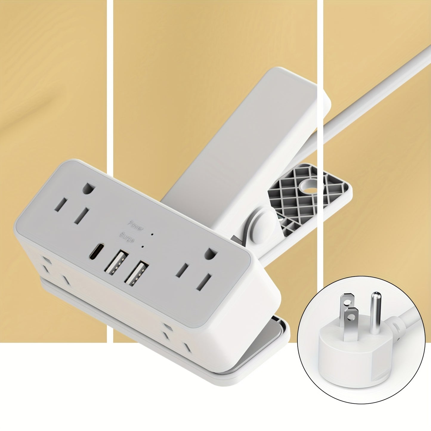 Clamp-On Desk Edge Power Strip with USB Ports & Surge Protection - 6ft Extension Cord, 1250W, US Plug, Clamp Design for Desktop Bed Edge Home Office Kitchen Charging Station