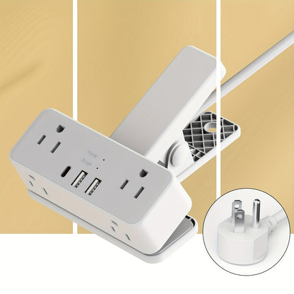 Clamp-On Desk Edge Power Strip with USB Ports & Surge Protection - 6ft Extension Cord, 1250W, US Plug, Clamp Design for Desktop Bed Edge Home Office Kitchen Charging Station