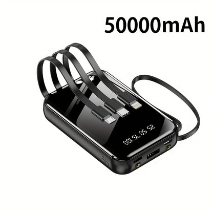 3-in-1 Built-in Cables Power Bank 50000mAh Portable Charger with Smart Digital Display Flashlight Apple Lightning Type-C USB Safe Lithium Battery Pack Outdoor Emergency Travel Gift