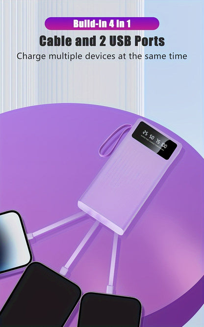 30000mAh Large Capacity Power Bank 15W Fast Charging with 4 Built-In Cables & 4-Mode Camping Light, Business Minimalist Portable Charger 10000mAh 20000mAh Compatible with iPhone Android – Black Purple White