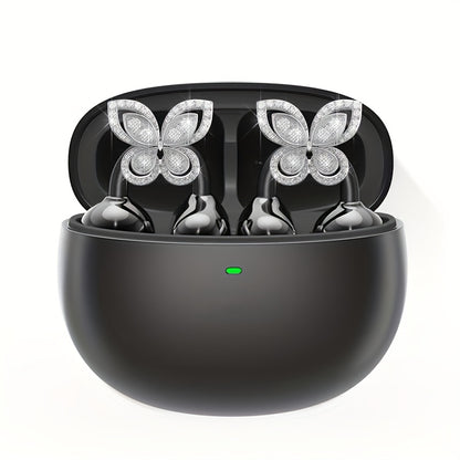 Clip On Wireless Earbuds Open Ear Bluetooth Headphones with Detachable Gemstone Earrings ANC Noise Reduction HD Stereo Hands-Free for Sports Exercise Work Study Outdoors