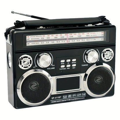 Solar Powered Bluetooth Radio Retro Portable AM FM SW with LED Flashlight, TF SD USB AUX MP3 Playback, Telescopic Antenna & Leather Handle for Camping Emergency Outdoor