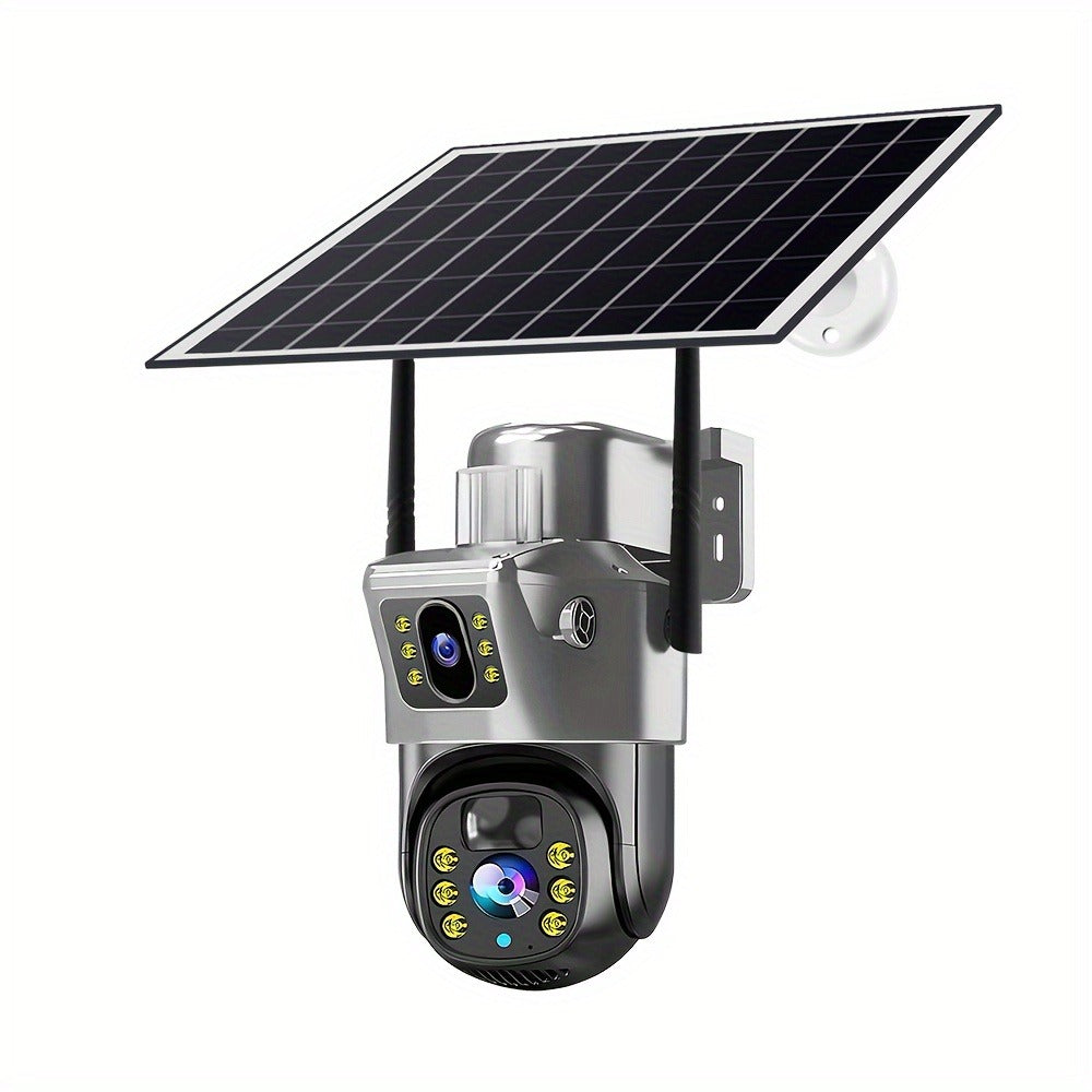 Solar Powered Wireless Security Camera Outdoor 360° PTZ WiFi Surveillance Cam Dual Lens Full Color Night Vision 4G Remote View No Dead Angle with TF Card & Cloud Storage