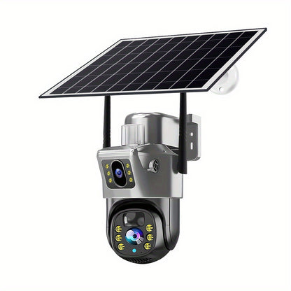 Solar Powered Wireless Security Camera Outdoor 360° PTZ WiFi Surveillance Cam Dual Lens Full Color Night Vision 4G Remote View No Dead Angle with TF Card & Cloud Storage