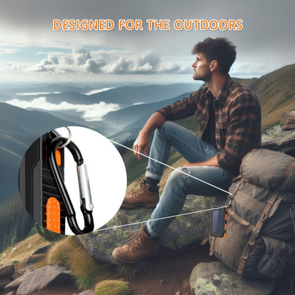 Hiking Solar Power Bank 10000mAh with Compass LED Flashlight & Carabiner Clip – Portable USB Charger for Camping Backpacking Travel Emergency Prep – Works with All Phones, Data Cable & Backpack Hook Included