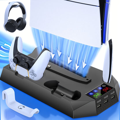 PS5 Cooling Charging Station 5-in-1 with Turbo Fan, Dual Controller Charger, 3-Port USB Hub & Headset Holder – Compatible with PlayStation 5 Slim Pro Standard Disc Digital Edition, 19-Inch USB Cable, Christmas Gift