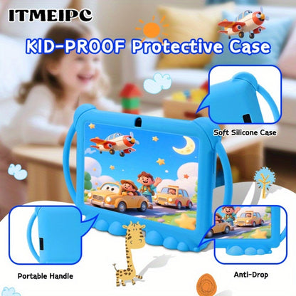 Kids Tablet 7 Inch Android 14 WiFi 6 4GB RAM 32GB ROM Dual Camera Parental Control Pre-installed Learning Apps HD Screen Protective Case Type-C Charging for Children Learning Entertainment