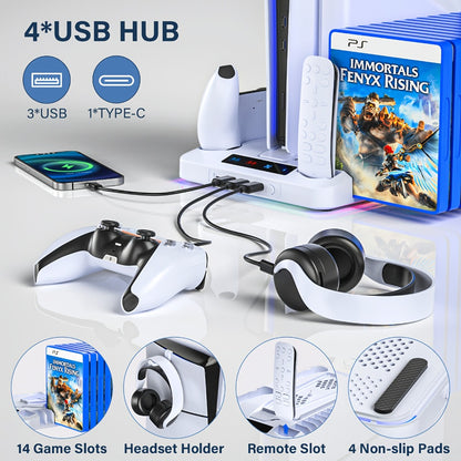 PS5 Cooling Stand with 16 Game Slots & LED Light, Dual Controller Charging Station with Headset & Remote Holders for PS5 & PS5 Slim (Disc & Digital) – Not Compatible with PS5 Pro