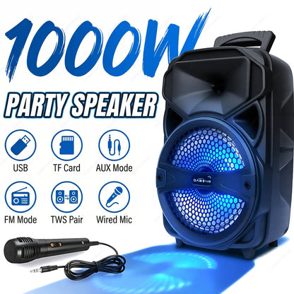 1000W Karaoke Machine with Wireless Bluetooth Party Speaker, 8-Inch Subwoofer, Loud Sound System, FM Radio, EQ Mode, Strobe Lights, Wired Microphone & Remote Control for Adults and Kids