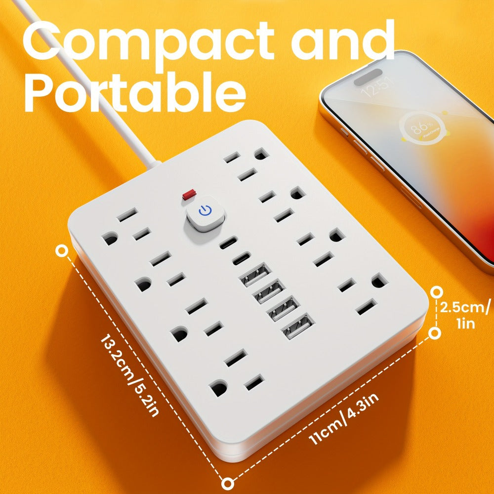 14-in-1 Wall-Mountable Power Strip with Surge Protector – 8 AC Outlets & 6 USB Ports (2 USB-C), Flat Plug Space-Saving Extension Cord, Overload Protection for Home School Office, 5ft or 10ft
