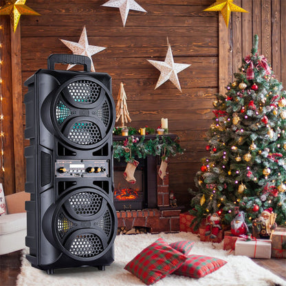 Portable Karaoke Bluetooth Speaker with Wheels & Microphone – Party DJ Sound System Dual 6.5" Woofer LED Lights FM AUX TF USB TWS Rechargeable Outdoor Speaker