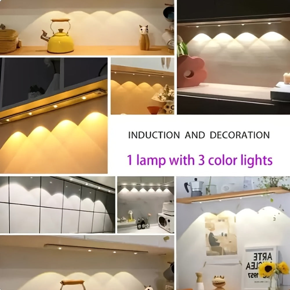 Motion Sensor Cabinet LED Strip Light USB Rechargeable 1400mAh - 3 Color Dimmable Wireless PIR Auto On Off 4 Sizes for Kitchen Wardrobe Wine Cabinet Shoe Cabinet Closet Bedroom Night Light