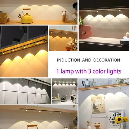 Motion Sensor Cabinet LED Strip Light USB Rechargeable 1400mAh - 3 Color Dimmable Wireless PIR Auto On Off 4 Sizes for Kitchen Wardrobe Wine Cabinet Shoe Cabinet Closet Bedroom Night Light