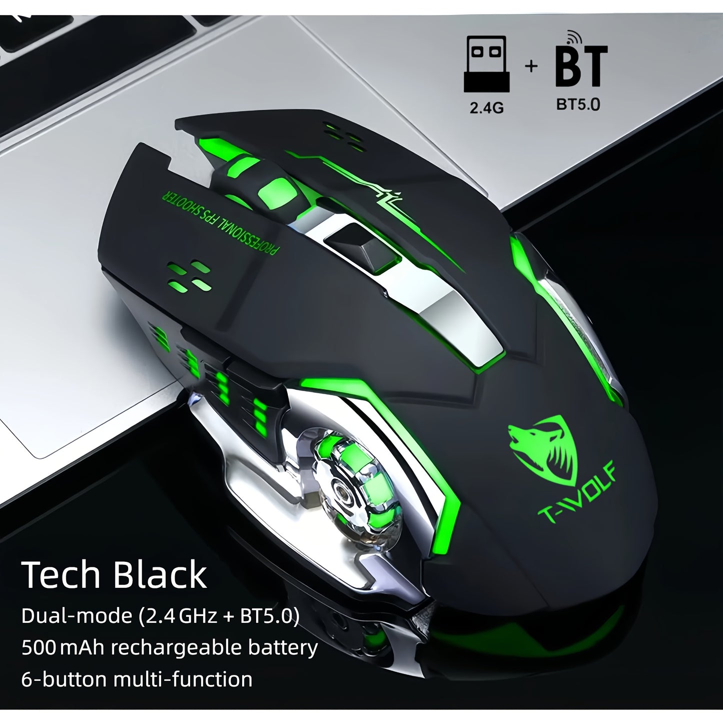 Ergonomic Silent Wireless Mouse T-WOLF Rechargeable Dual-Mode BT5.0 & 2.4G – Full-Size RGB Comfort Mouse for Work Study Gaming, Aesthetic Desk Setup, Back to School Gift for PC Laptop Mac
