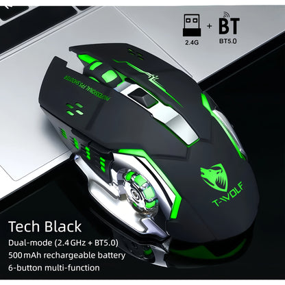 Ergonomic Silent Wireless Mouse T-WOLF Rechargeable Dual-Mode BT5.0 & 2.4G – Full-Size RGB Comfort Mouse for Work Study Gaming, Aesthetic Desk Setup, Back to School Gift for PC Laptop Mac