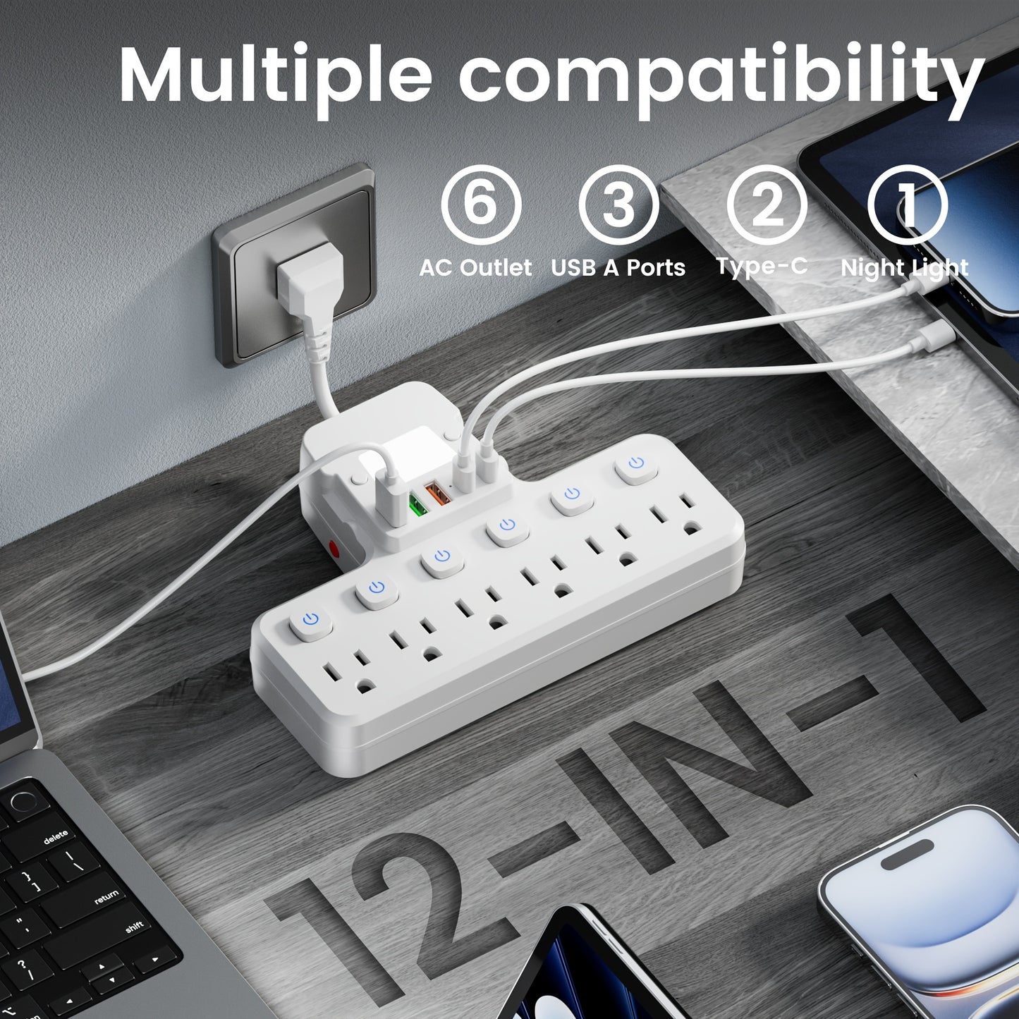 Desk Lamp Power Strip 12-in-1 with Adjustable LED Light, 6 AC Outlets & 5 USB Ports (3 USB-A + 2 USB-C), Overload Protection Surge Protector, Multi-Plug Charging Station for Office Home Travel – White & Black