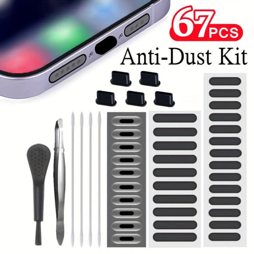 Phone Dust Plug Kit 67PCS – Type-C & Lightning Port Protectors, Speaker Dust Mesh Stickers, Cleaning Brush Set, Anti-Dust Caps for iPhone & Android Smartphones