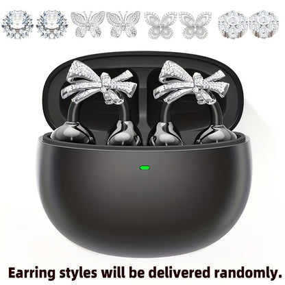 Clip On Wireless Earbuds Open Ear Bluetooth Headphones with Detachable Gemstone Earrings ANC Noise Reduction HD Stereo Hands-Free for Sports Exercise Work Study Outdoors