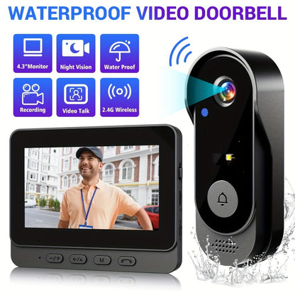 2.4G Direct Connect Video Doorbell with 4.3" Color Monitor - No WiFi No App, Two-Way Audio, 120° Wide Angle, Waterproof, 128GB SD, 6+ Month Battery Life, Color Night Vision, Rechargeable
