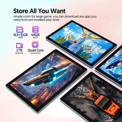 2-in-1 Android 15 Tablet 10 Inch Quad-Core 12GB RAM 64GB ROM 1TB Expandable 6000mAh Battery FHD IPS Display Dual Camera Optional Keyboard Mouse Case Stylus Three Configurations WiFi