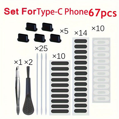 Phone Dust Plug Kit 67PCS – Type-C & Lightning Port Protectors, Speaker Dust Mesh Stickers, Cleaning Brush Set, Anti-Dust Caps for iPhone & Android Smartphones