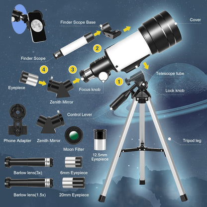 150X Telescope 70mm Aperture for Adults High Power Portable Monocular with Tripod Phone Holder Eyepiece Barlow Lens for Stargazing Nature Viewing Bird Watching Education Gift