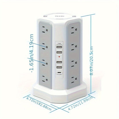 PD18W USB-C Power Strip Tower 21-in-1, 16 AC Outlets & 5 USB Ports, 1500J Surge Protector, Angled Flat Plug, 6ft 13A Extension Cord, Fast Charging Desktop Power Tower for Home Office Dorm – White