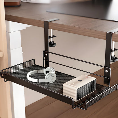 Clamp-On Cable Management Tray No Drill – Under Desk Wire Organizer Alloy Steel Mesh Holds 10 lbs | Fits 0.4"-2.4" Desks, Home Office & Gaming Setup, Black 10.63"